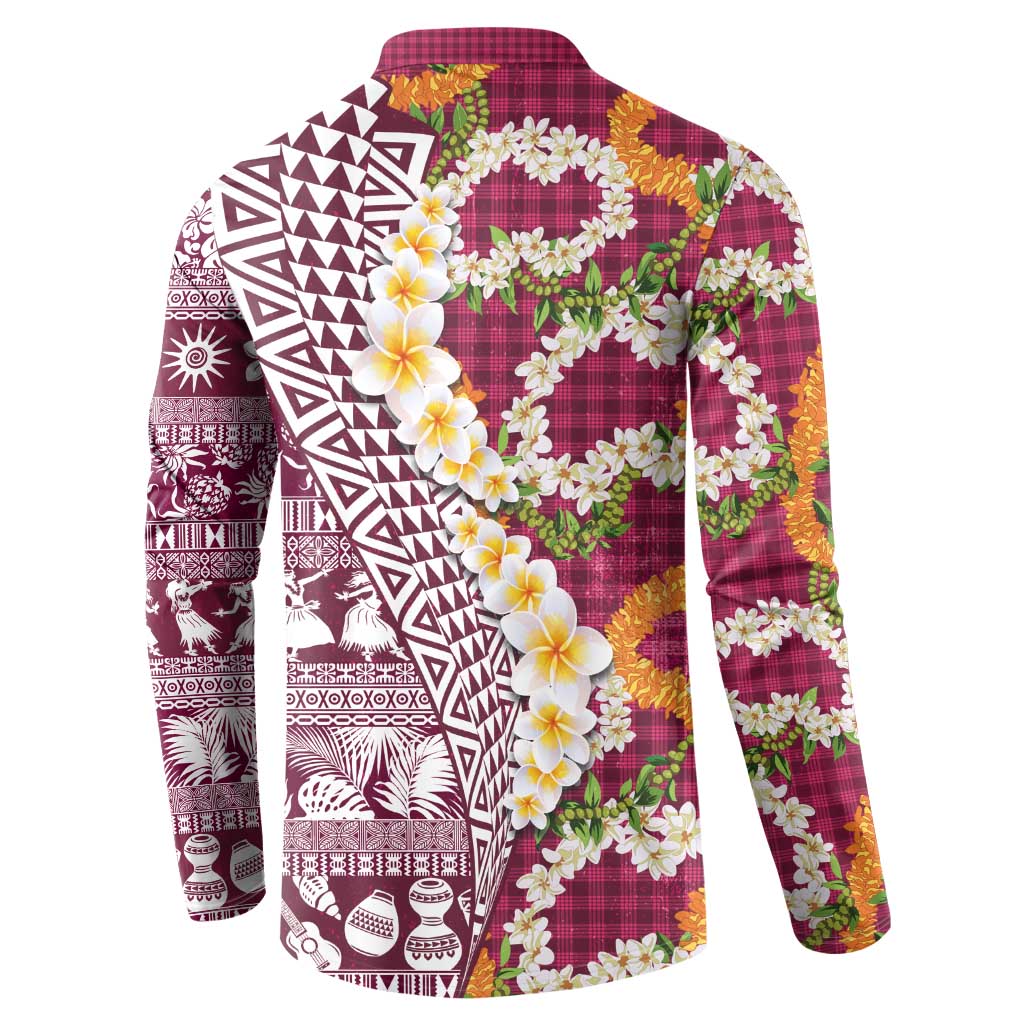 Hawaiian Plumeria Lei Button Sweatshirt Kakau Motifs and Palaka Half Style Pink Color LT03 - Polynesian Pride