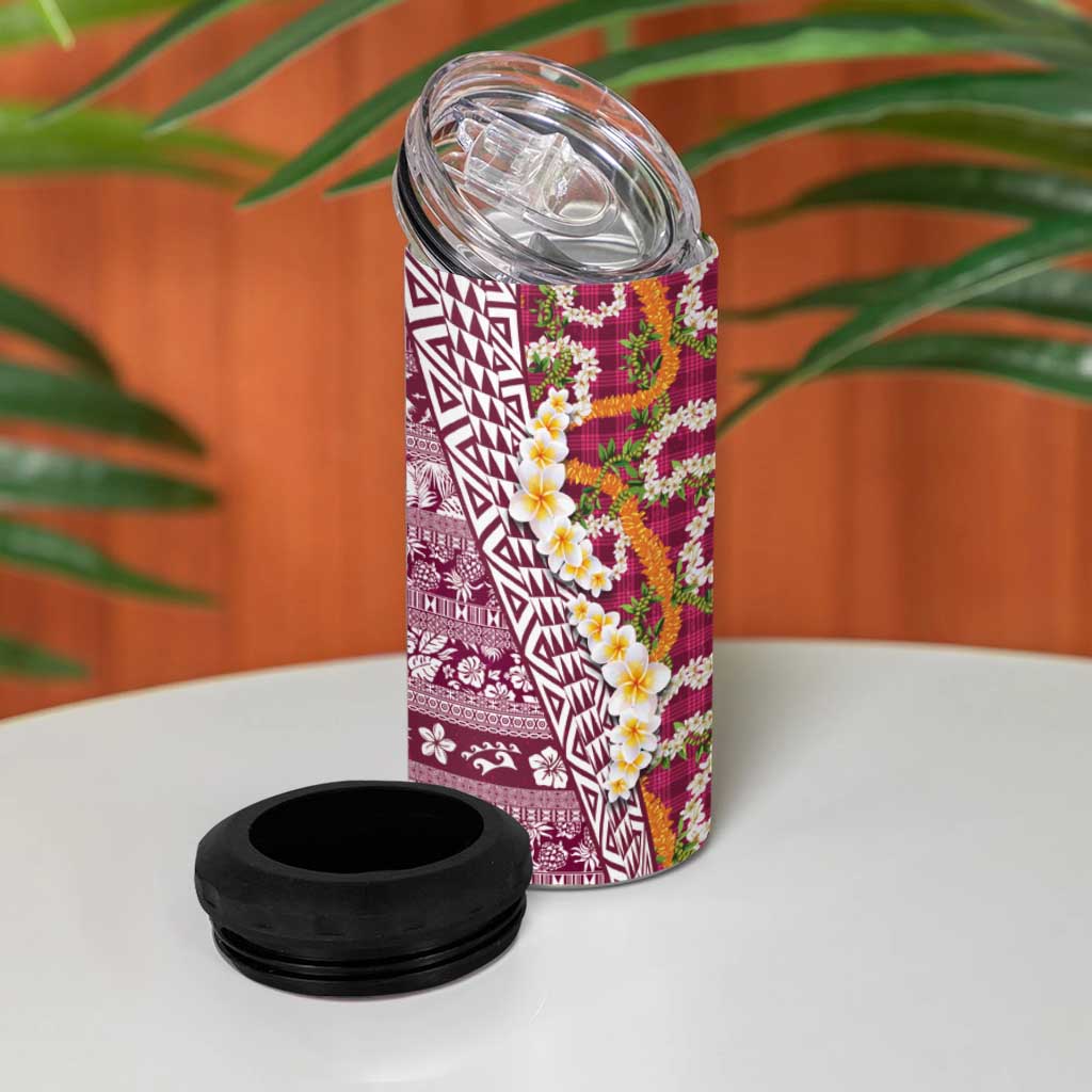 Hawaiian Plumeria Lei 4 in 1 Can Cooler Tumbler Kakau Motifs and Palaka Half Style Pink Color - Polynesian Pride