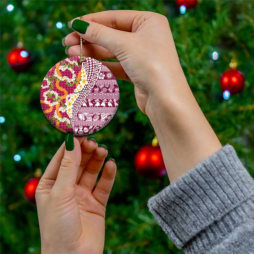 Hawaiian Plumeria Lei Ceramic Ornament Kakau Motifs and Palaka Half Style Pink Color - Polynesian Pride