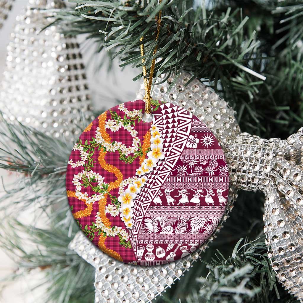 Hawaiian Plumeria Lei Ceramic Ornament Kakau Motifs and Palaka Half Style Pink Color - Polynesian Pride