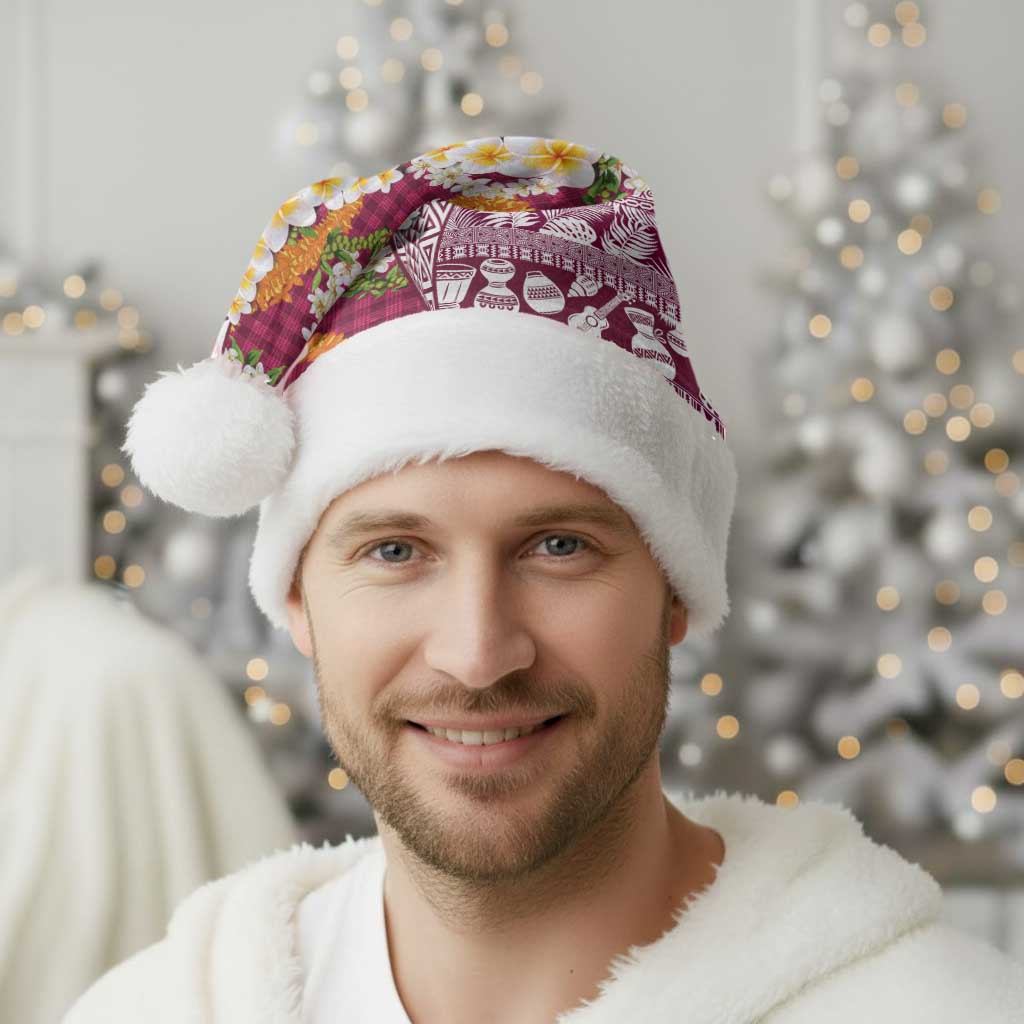 Hawaiian Plumeria Lei Christmas Santa Hat Kakau Motifs and Palaka Half Style Pink Color - Polynesian Pride
