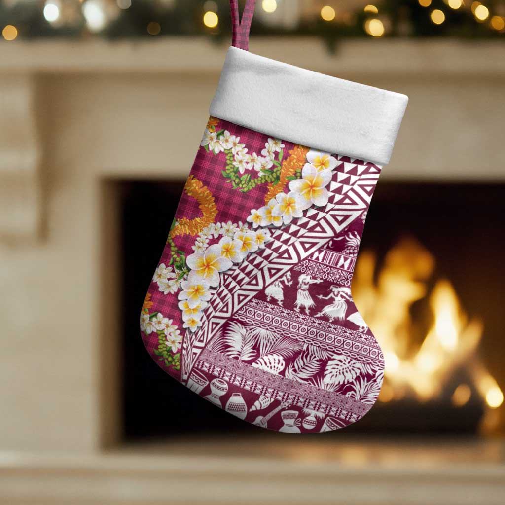 Hawaiian Plumeria Lei Christmas Stocking Kakau Motifs and Palaka Half Style Pink Color - Polynesian Pride