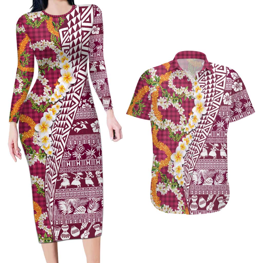 Hawaiian Plumeria Lei Couples Matching Long Sleeve Bodycon Dress and Hawaiian Shirt Kakau Motifs and Palaka Half Style Pink Color - Polynesian Pride