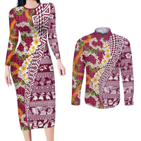 Hawaiian Plumeria Lei Couples Matching Long Sleeve Bodycon Dress and Long Sleeve Button Shirt Kakau Motifs and Palaka Half Style Pink Color - Polynesian Pride