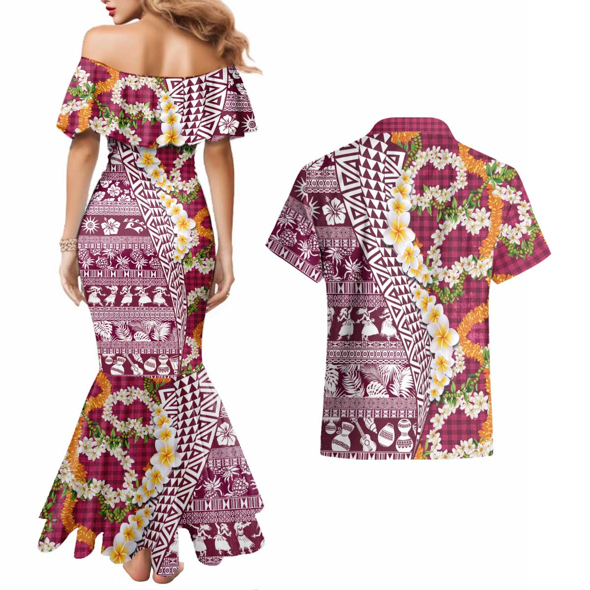 Hawaiian Plumeria Lei Couples Matching Mermaid Dress and Hawaiian Shirt Kakau Motifs and Palaka Half Style Pink Color - Polynesian Pride