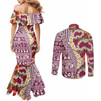 Hawaiian Plumeria Lei Couples Matching Mermaid Dress and Long Sleeve Button Shirt Kakau Motifs and Palaka Half Style Pink Color - Polynesian Pride