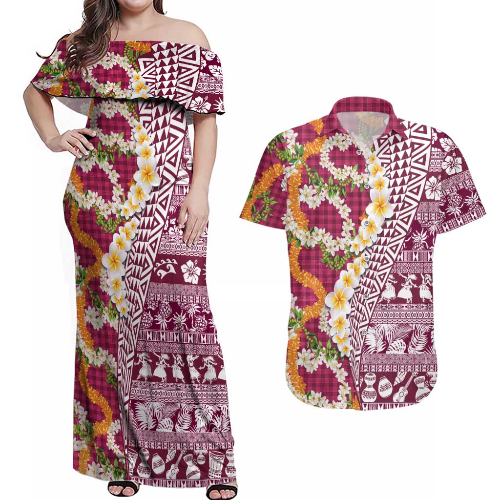 Hawaiian Plumeria Lei Couples Matching Off Shoulder Maxi Dress and Hawaiian Shirt Kakau Motifs and Palaka Half Style Pink Color - Polynesian Pride