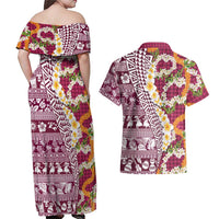 Hawaiian Plumeria Lei Couples Matching Off Shoulder Maxi Dress and Hawaiian Shirt Kakau Motifs and Palaka Half Style Pink Color - Polynesian Pride