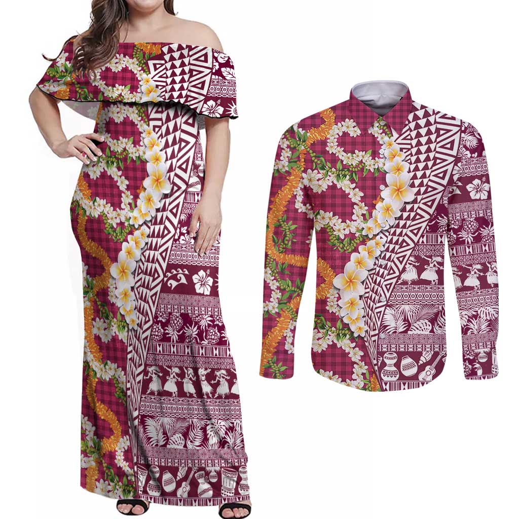 Hawaiian Plumeria Lei Couples Matching Off Shoulder Maxi Dress and Long Sleeve Button Shirt Kakau Motifs and Palaka Half Style Pink Color - Polynesian Pride
