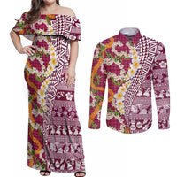 Hawaiian Plumeria Lei Couples Matching Off Shoulder Maxi Dress and Long Sleeve Button Shirt Kakau Motifs and Palaka Half Style Pink Color - Polynesian Pride