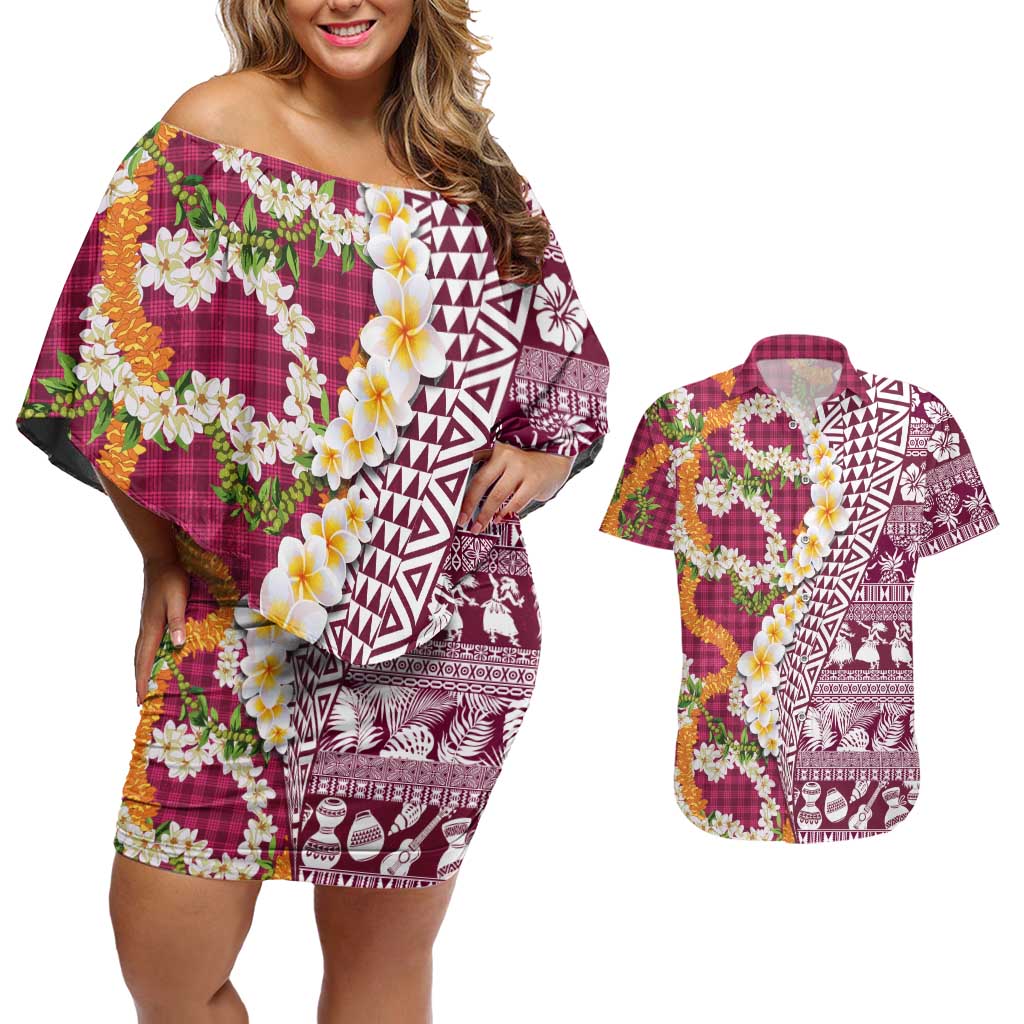 Hawaiian Plumeria Lei Couples Matching Off Shoulder Short Dress and Hawaiian Shirt Kakau Motifs and Palaka Half Style Pink Color - Polynesian Pride