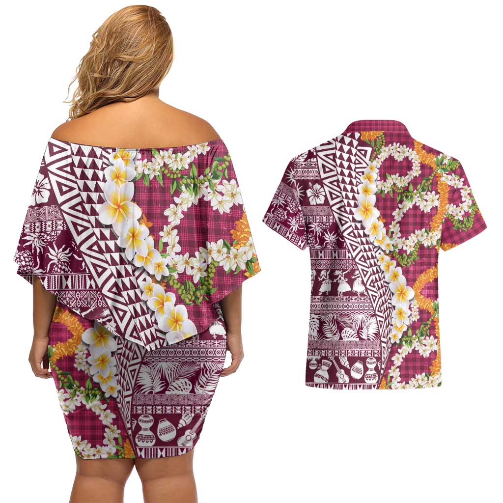 Hawaiian Plumeria Lei Couples Matching Off Shoulder Short Dress and Hawaiian Shirt Kakau Motifs and Palaka Half Style Pink Color - Polynesian Pride