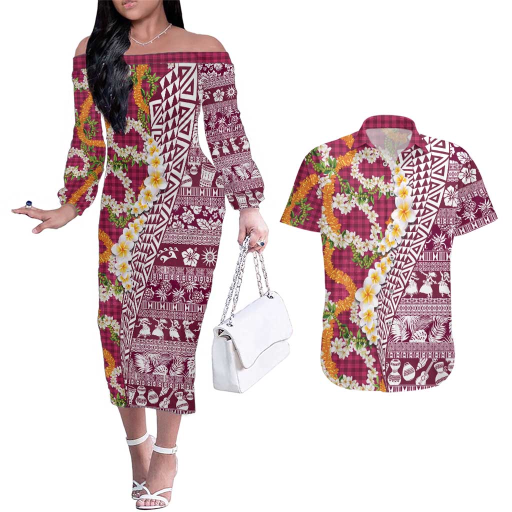 Hawaiian Plumeria Lei Couples Matching Off The Shoulder Long Sleeve Dress and Hawaiian Shirt Kakau Motifs and Palaka Half Style Pink Color - Polynesian Pride