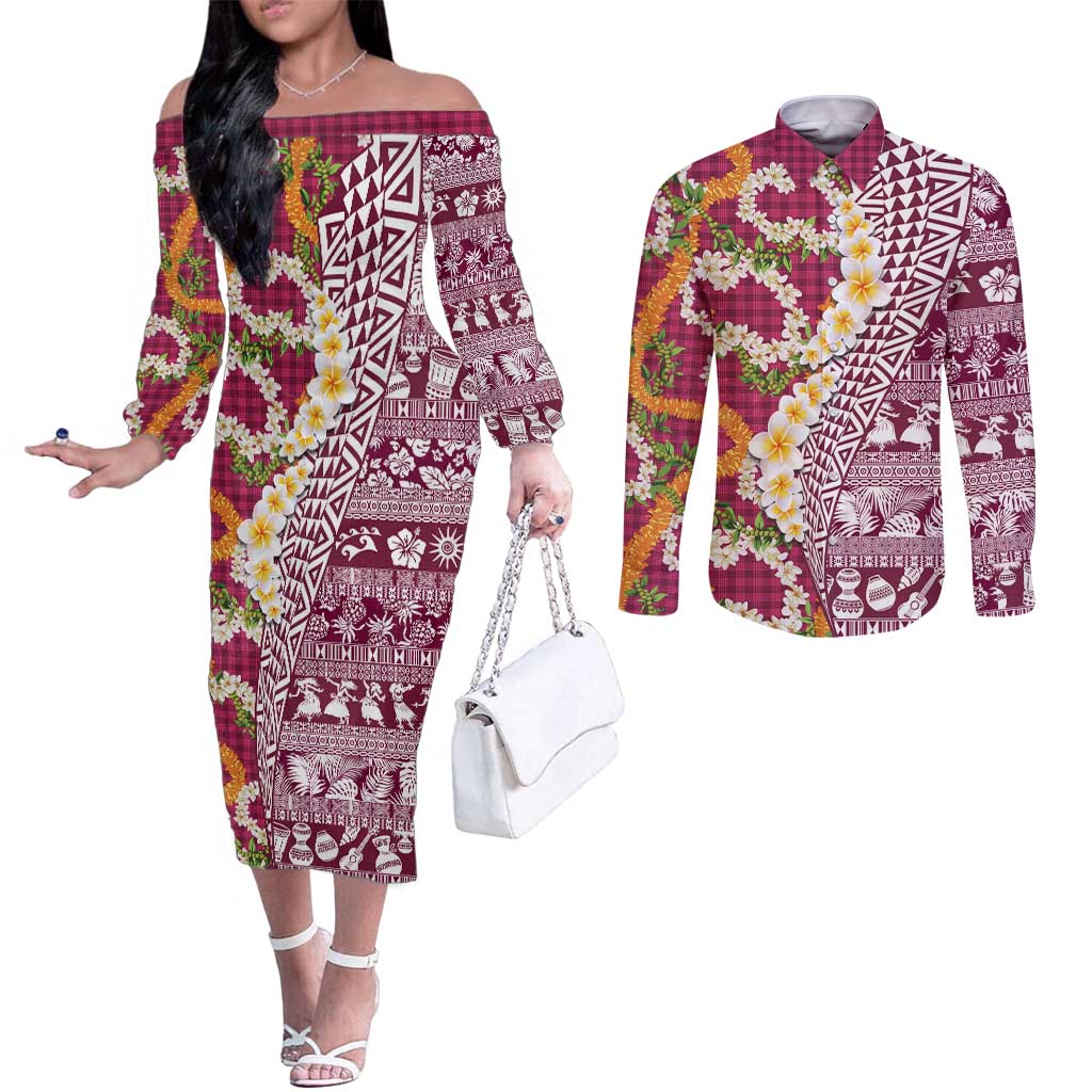Hawaiian Plumeria Lei Couples Matching Off The Shoulder Long Sleeve Dress and Long Sleeve Button Shirt Kakau Motifs and Palaka Half Style Pink Color - Polynesian Pride