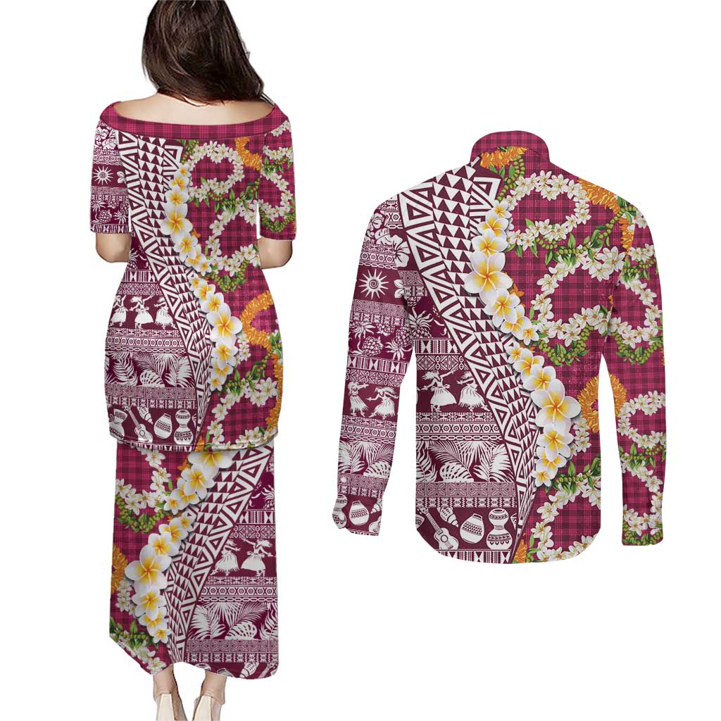 Hawaiian Plumeria Lei Couples Matching Puletasi and Long Sleeve Button Shirt Kakau Motifs and Palaka Half Style Pink Color - Polynesian Pride