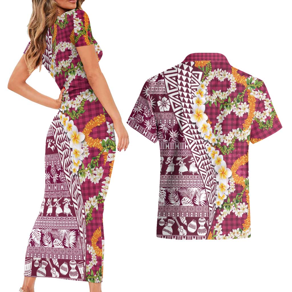 Hawaiian Plumeria Lei Couples Matching Short Sleeve Bodycon Dress and Hawaiian Shirt Kakau Motifs and Palaka Half Style Pink Color - Polynesian Pride