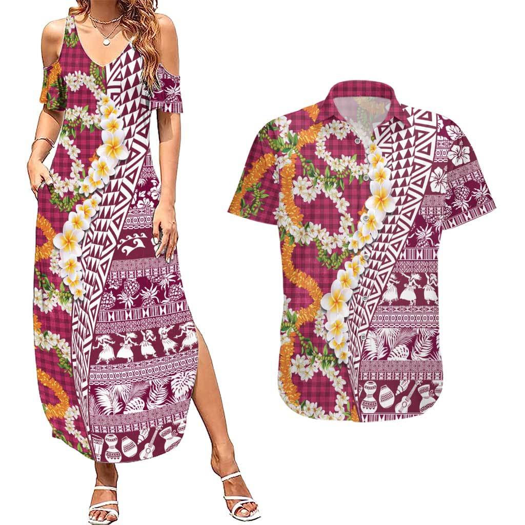 Hawaiian Plumeria Lei Couples Matching Summer Maxi Dress and Hawaiian Shirt Kakau Motifs and Palaka Half Style Pink Color - Polynesian Pride