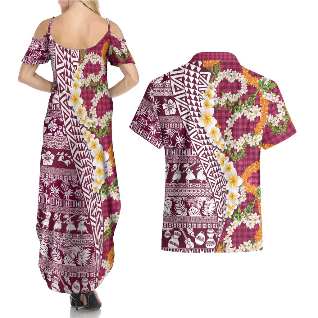 Hawaiian Plumeria Lei Couples Matching Summer Maxi Dress and Hawaiian Shirt Kakau Motifs and Palaka Half Style Pink Color - Polynesian Pride