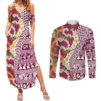 Hawaiian Plumeria Lei Couples Matching Summer Maxi Dress and Long Sleeve Button Shirt Kakau Motifs and Palaka Half Style Pink Color - Polynesian Pride