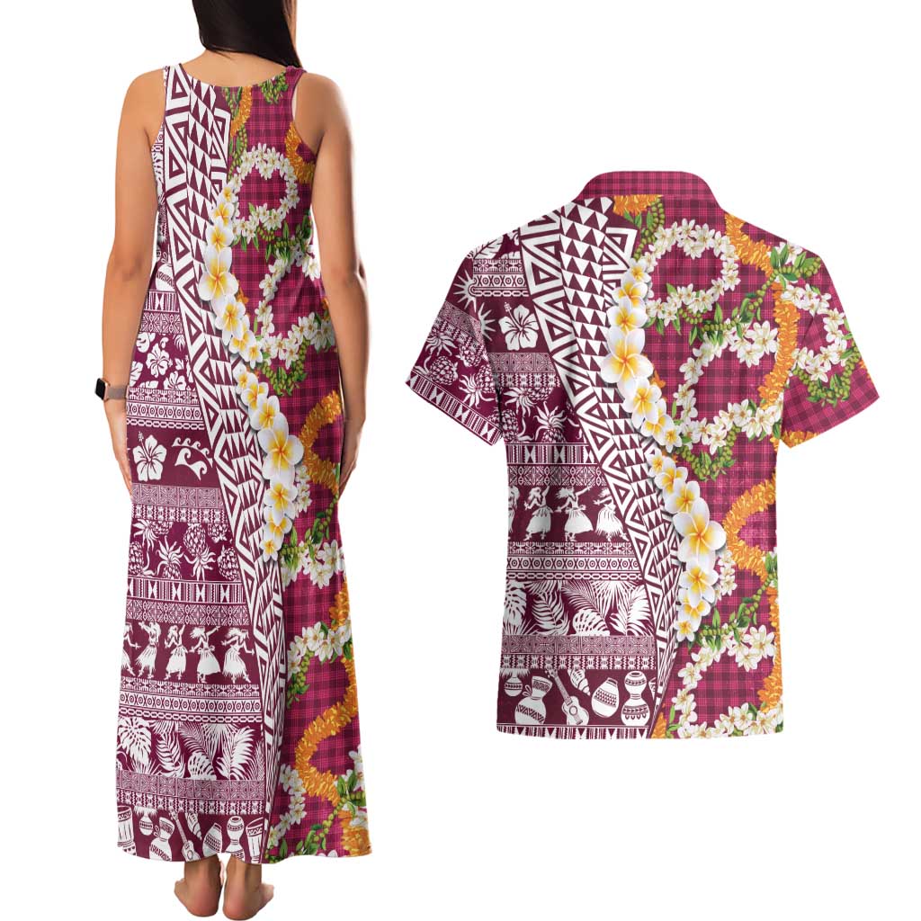 Hawaiian Plumeria Lei Couples Matching Tank Maxi Dress and Hawaiian Shirt Kakau Motifs and Palaka Half Style Pink Color - Polynesian Pride