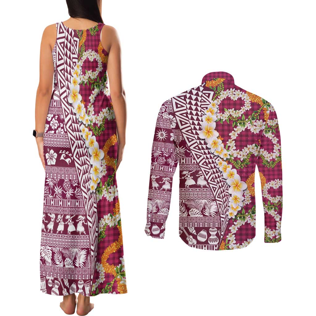 Hawaiian Plumeria Lei Couples Matching Tank Maxi Dress and Long Sleeve Button Shirt Kakau Motifs and Palaka Half Style Pink Color - Polynesian Pride