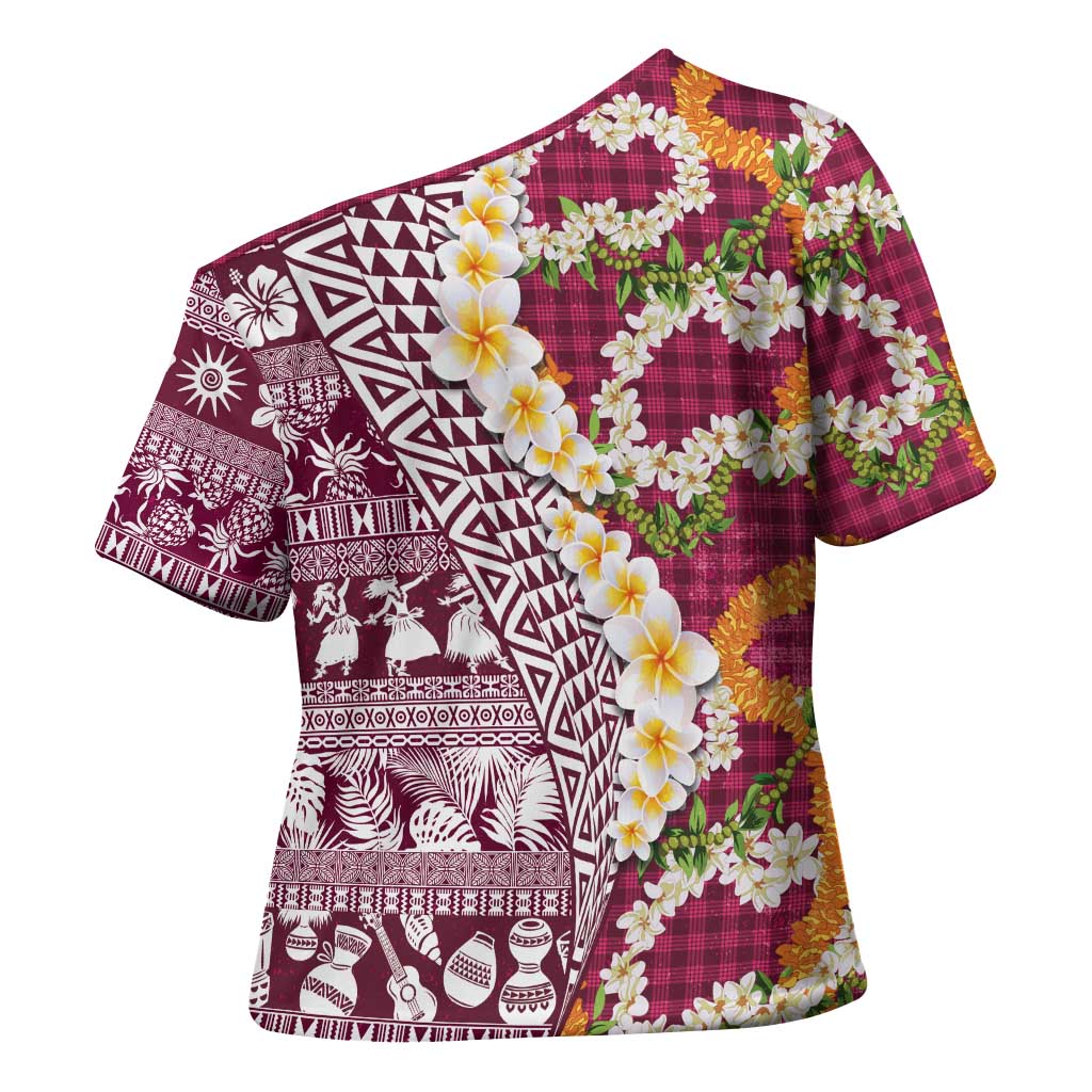 Hawaiian Plumeria Lei Cross Shoulder Shirt Kakau Motifs and Palaka Half Style Pink Color - Polynesian Pride