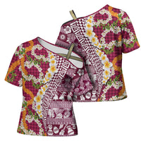 Hawaiian Plumeria Lei Cross Shoulder Shirt Kakau Motifs and Palaka Half Style Pink Color - Polynesian Pride