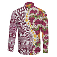 Hawaiian Plumeria Lei Family Matching Long Sleeve Bodycon Dress and Hawaiian Shirt Kakau Motifs and Palaka Half Style Pink Color - Polynesian Pride