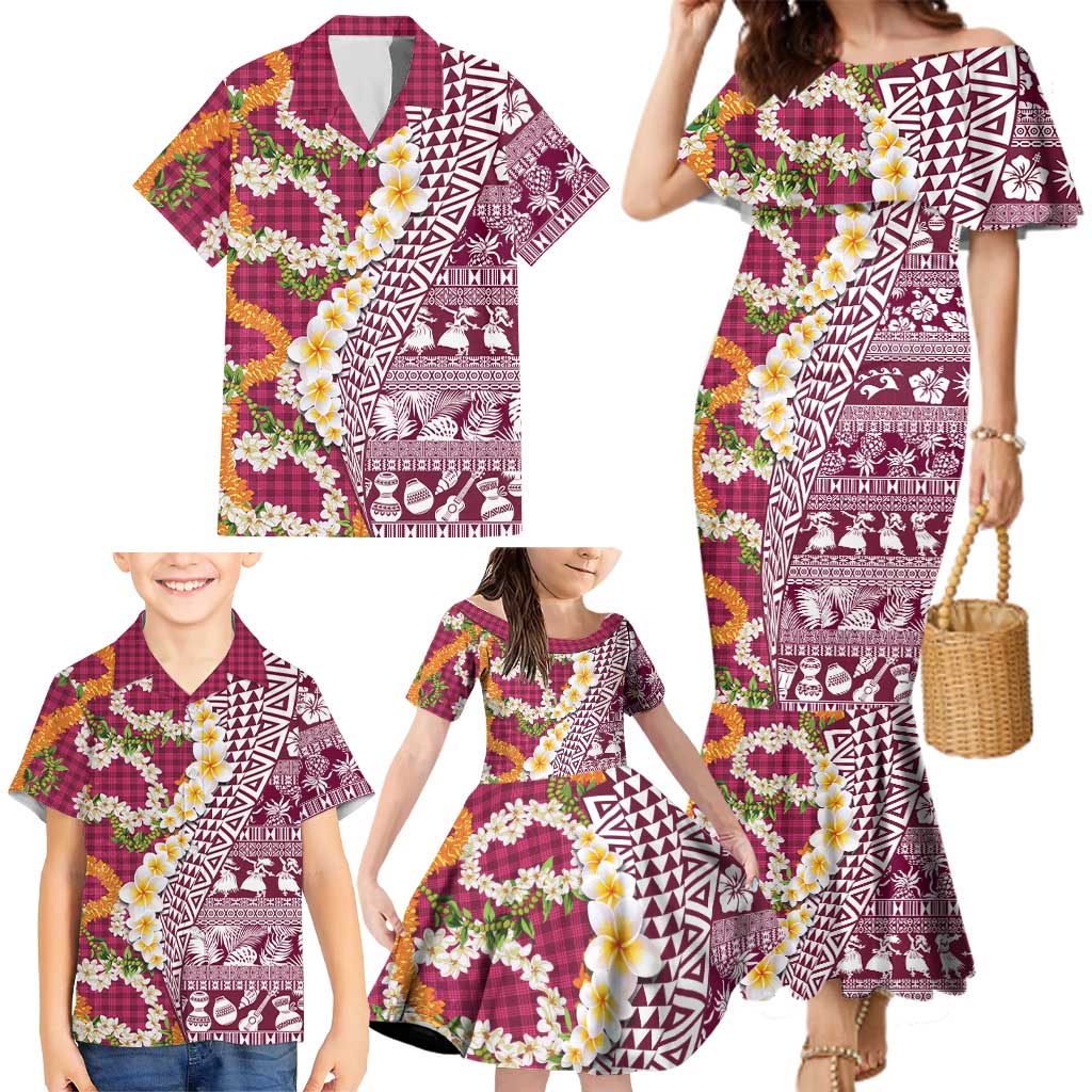 Hawaiian Plumeria Lei Family Matching Mermaid Dress and Hawaiian Shirt Kakau Motifs and Palaka Half Style Pink Color - Polynesian Pride