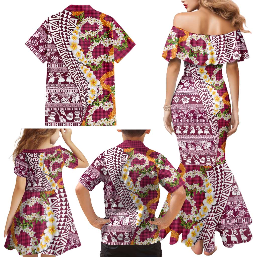 Hawaiian Plumeria Lei Family Matching Mermaid Dress and Hawaiian Shirt Kakau Motifs and Palaka Half Style Pink Color - Polynesian Pride