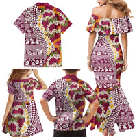 Hawaiian Plumeria Lei Family Matching Mermaid Dress and Hawaiian Shirt Kakau Motifs and Palaka Half Style Pink Color - Polynesian Pride