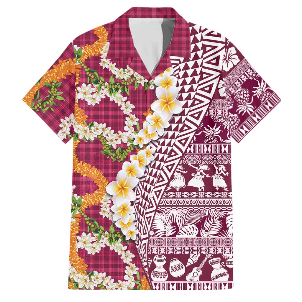 Hawaiian Plumeria Lei Family Matching Mermaid Dress and Hawaiian Shirt Kakau Motifs and Palaka Half Style Pink Color - Polynesian Pride