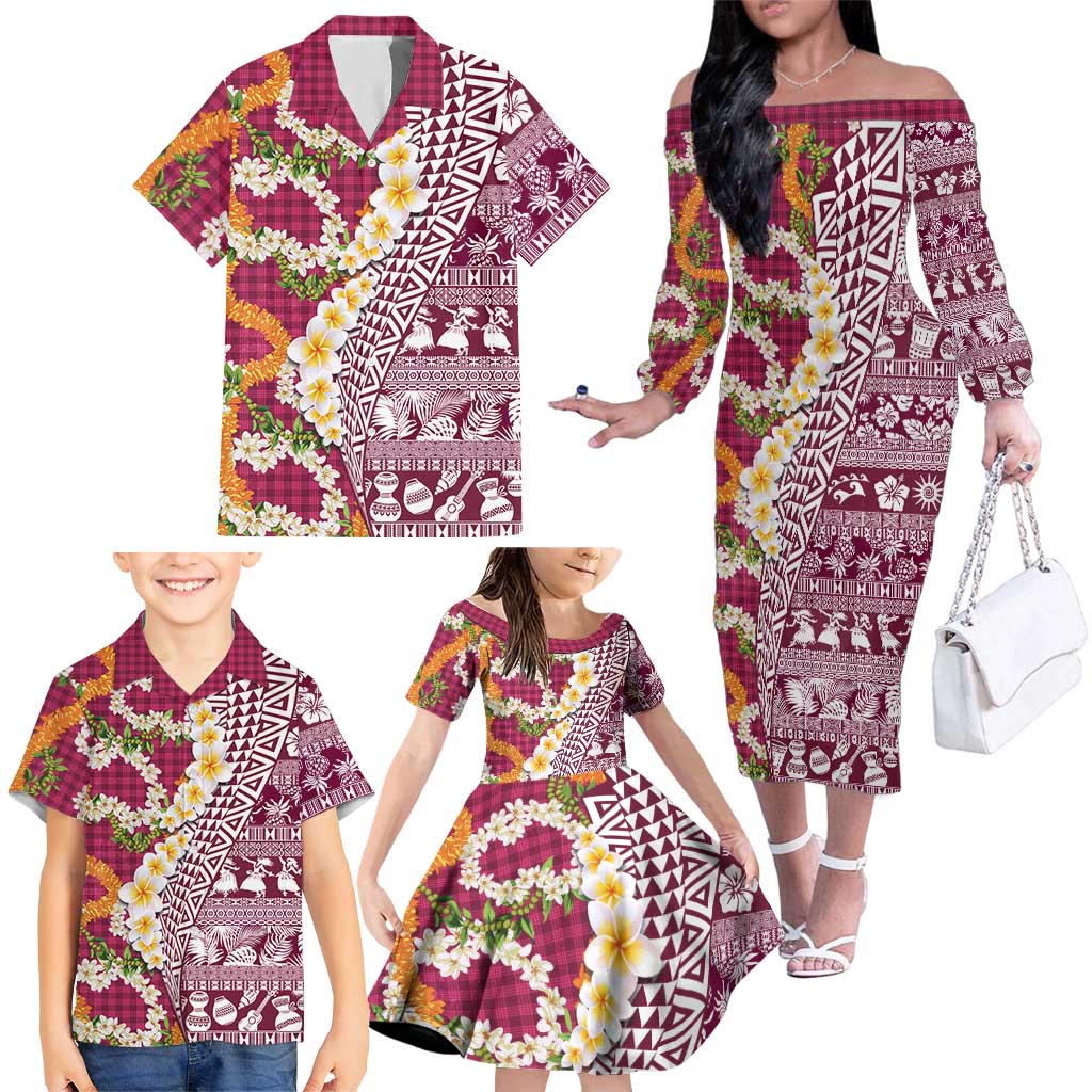Hawaiian Plumeria Lei Family Matching Off The Shoulder Long Sleeve Dress and Hawaiian Shirt Kakau Motifs and Palaka Half Style Pink Color - Polynesian Pride
