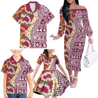 Hawaiian Plumeria Lei Family Matching Off The Shoulder Long Sleeve Dress and Hawaiian Shirt Kakau Motifs and Palaka Half Style Pink Color - Polynesian Pride