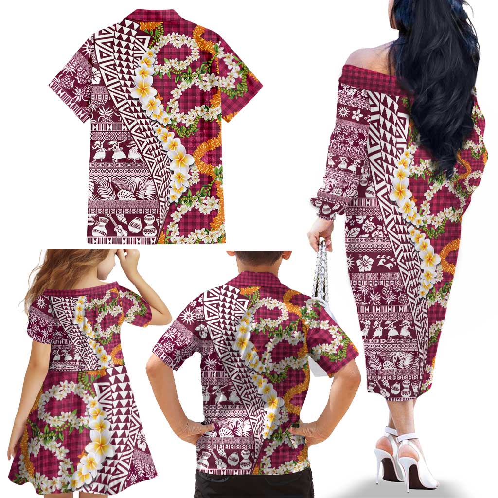 Hawaiian Plumeria Lei Family Matching Off The Shoulder Long Sleeve Dress and Hawaiian Shirt Kakau Motifs and Palaka Half Style Pink Color - Polynesian Pride