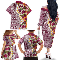 Hawaiian Plumeria Lei Family Matching Off The Shoulder Long Sleeve Dress and Hawaiian Shirt Kakau Motifs and Palaka Half Style Pink Color - Polynesian Pride