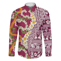 Hawaiian Plumeria Lei Family Matching Off The Shoulder Long Sleeve Dress and Hawaiian Shirt Kakau Motifs and Palaka Half Style Pink Color - Polynesian Pride