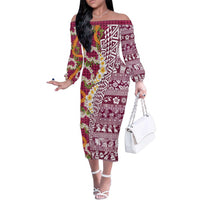Hawaiian Plumeria Lei Family Matching Off The Shoulder Long Sleeve Dress and Hawaiian Shirt Kakau Motifs and Palaka Half Style Pink Color - Polynesian Pride