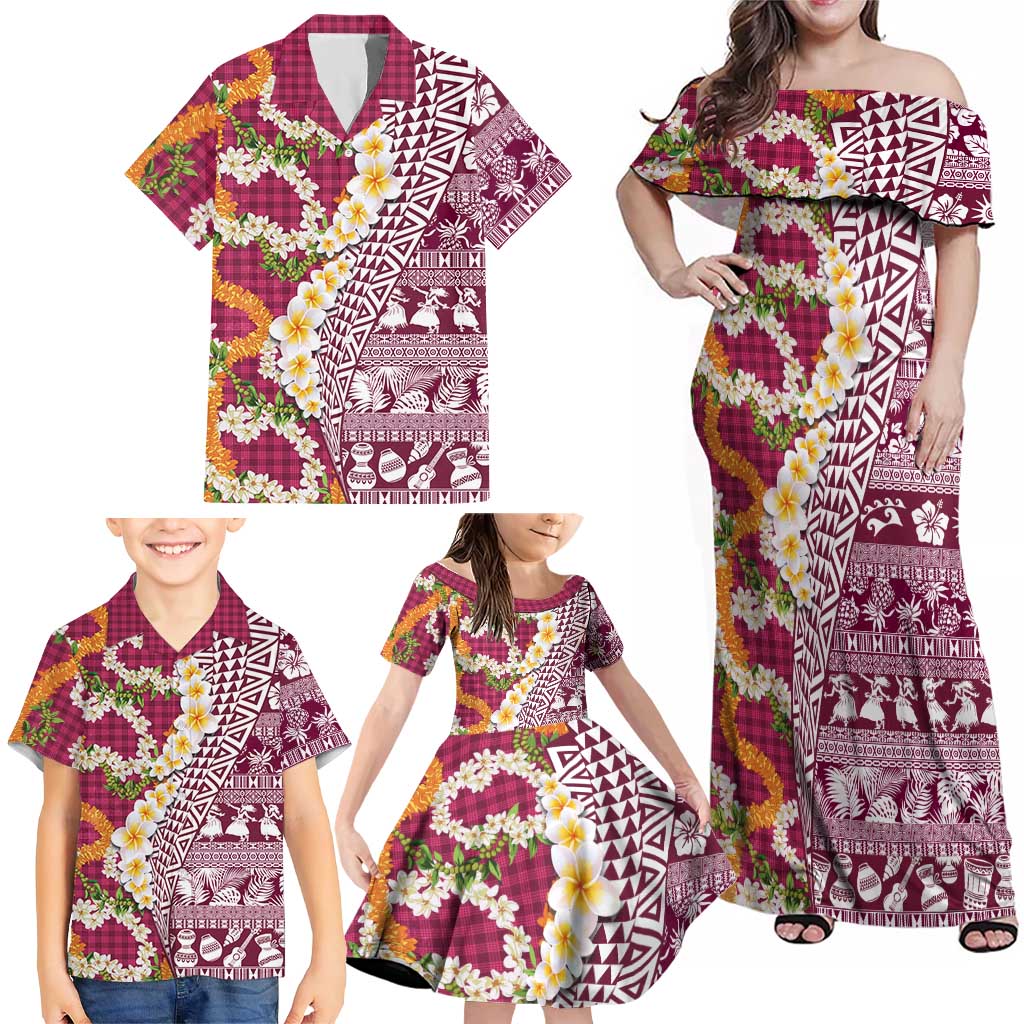 Hawaiian Plumeria Lei Family Matching Off Shoulder Maxi Dress and Hawaiian Shirt Kakau Motifs and Palaka Half Style Pink Color - Polynesian Pride