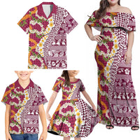 Hawaiian Plumeria Lei Family Matching Off Shoulder Maxi Dress and Hawaiian Shirt Kakau Motifs and Palaka Half Style Pink Color - Polynesian Pride