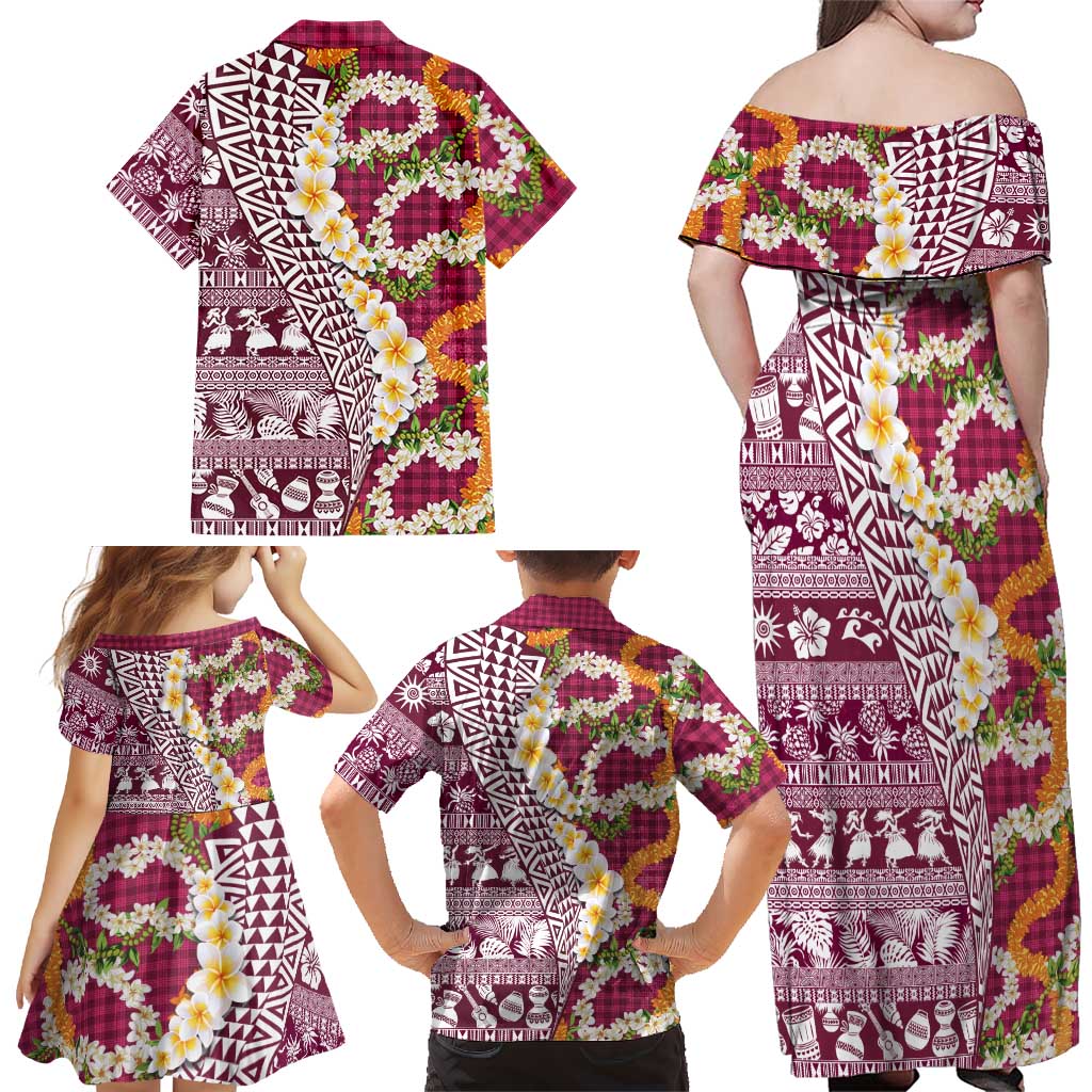 Hawaiian Plumeria Lei Family Matching Off Shoulder Maxi Dress and Hawaiian Shirt Kakau Motifs and Palaka Half Style Pink Color - Polynesian Pride