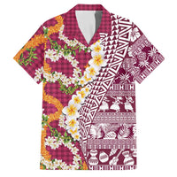 Hawaiian Plumeria Lei Family Matching Off Shoulder Maxi Dress and Hawaiian Shirt Kakau Motifs and Palaka Half Style Pink Color - Polynesian Pride