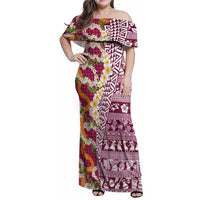 Hawaiian Plumeria Lei Family Matching Off Shoulder Maxi Dress and Hawaiian Shirt Kakau Motifs and Palaka Half Style Pink Color - Polynesian Pride