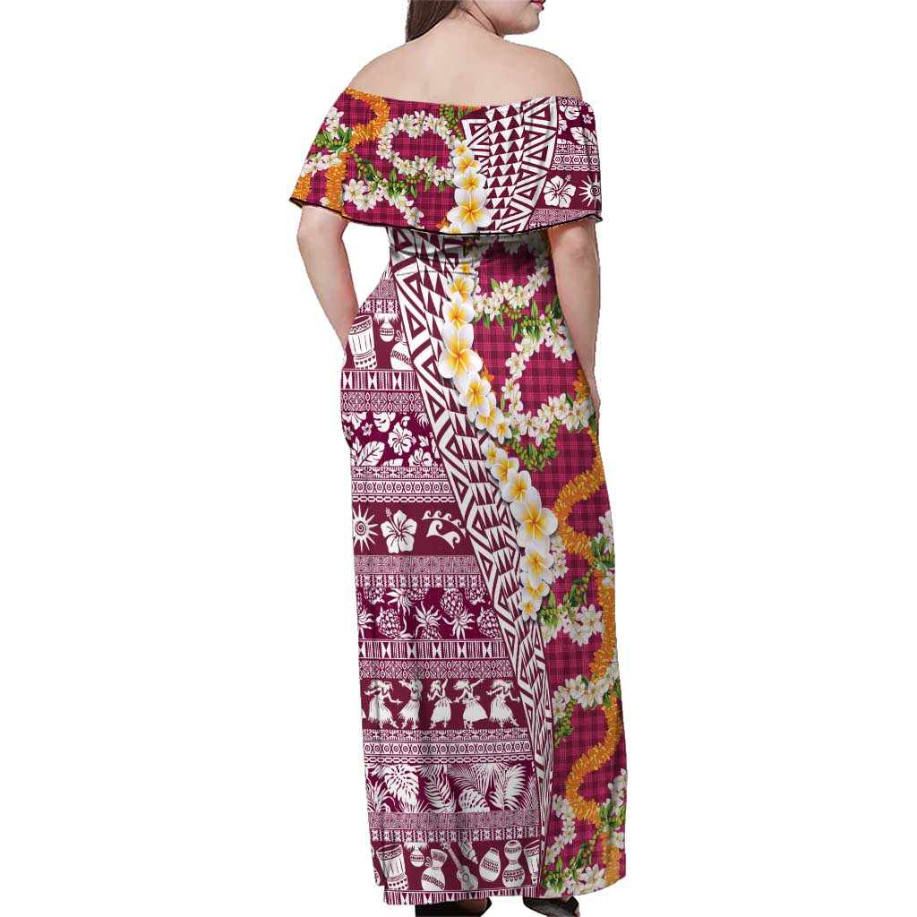 Hawaiian Plumeria Lei Family Matching Off Shoulder Maxi Dress and Hawaiian Shirt Kakau Motifs and Palaka Half Style Pink Color - Polynesian Pride