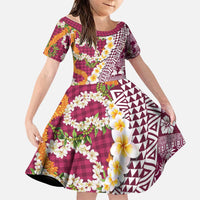 Hawaiian Plumeria Lei Family Matching Off Shoulder Short Dress and Hawaiian Shirt Kakau Motifs and Palaka Half Style Pink Color - Polynesian Pride