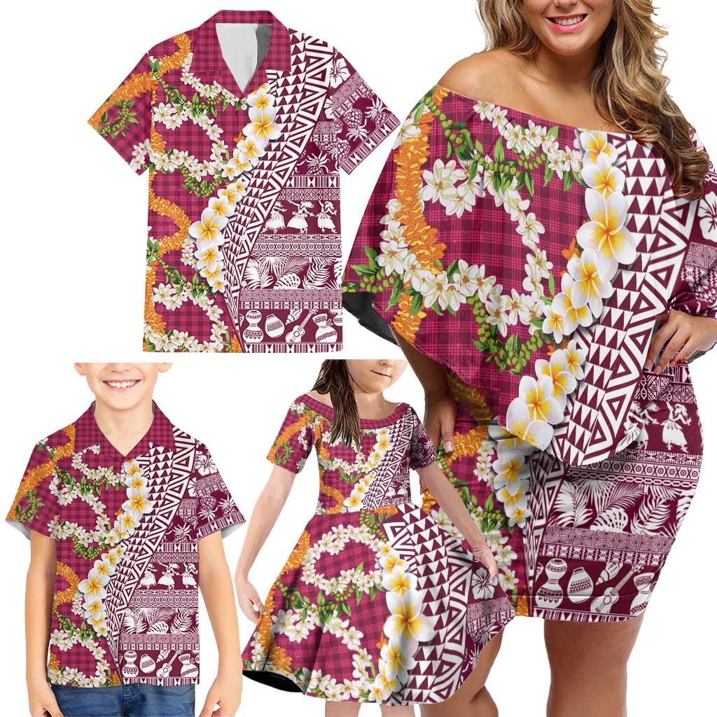 Hawaiian Plumeria Lei Family Matching Off Shoulder Short Dress and Hawaiian Shirt Kakau Motifs and Palaka Half Style Pink Color - Polynesian Pride