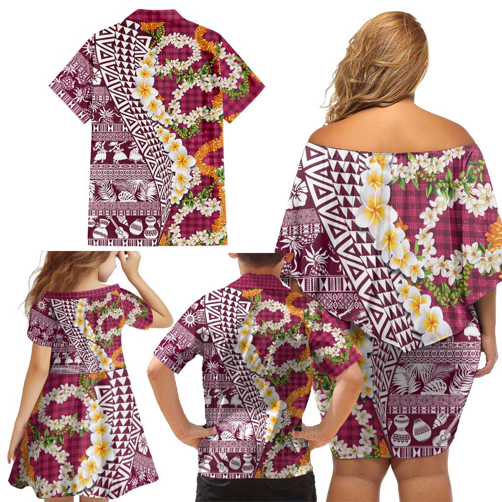 Hawaiian Plumeria Lei Family Matching Off Shoulder Short Dress and Hawaiian Shirt Kakau Motifs and Palaka Half Style Pink Color - Polynesian Pride