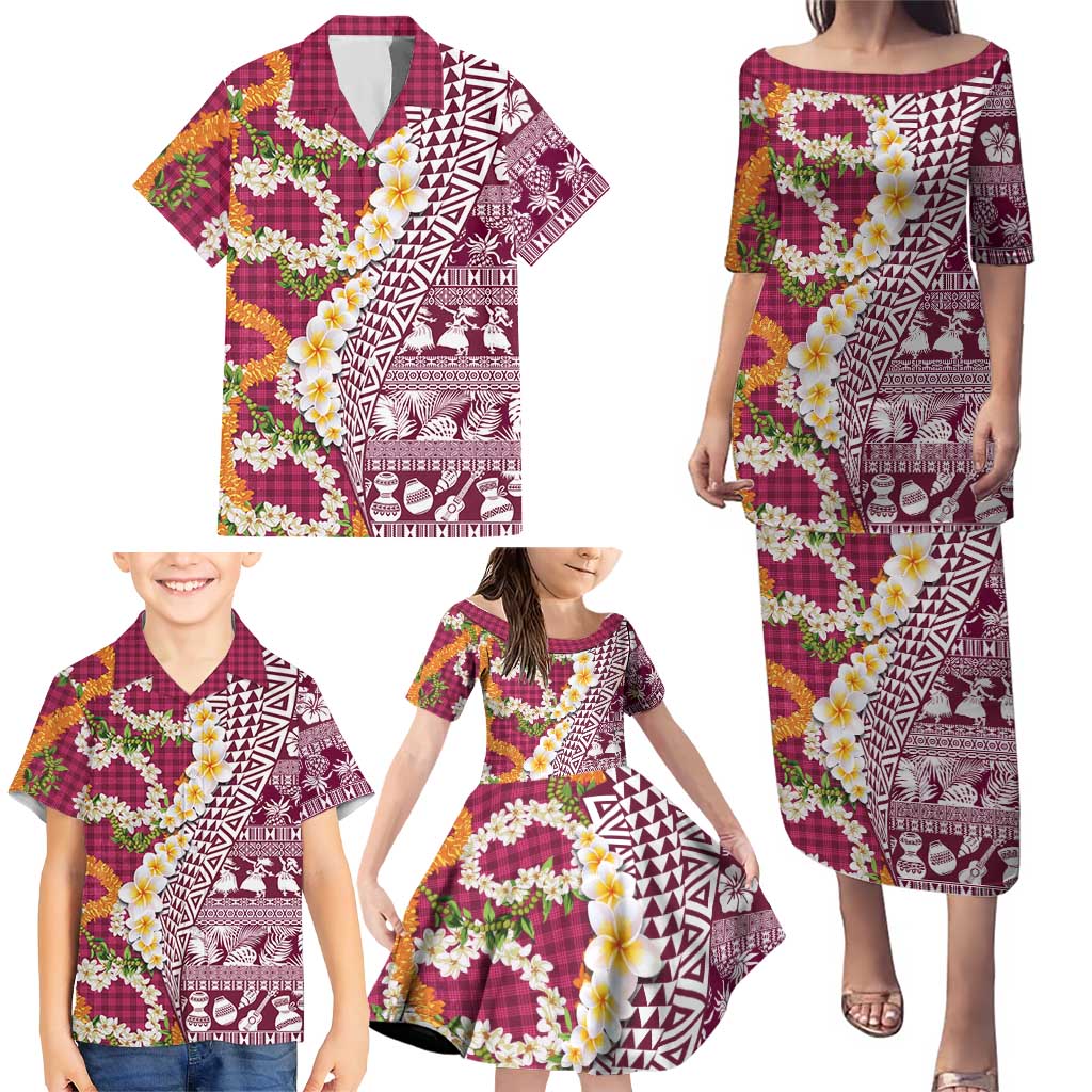 Hawaiian Plumeria Lei Family Matching Puletasi and Hawaiian Shirt Kakau Motifs and Palaka Half Style Pink Color - Polynesian Pride