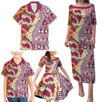 Hawaiian Plumeria Lei Family Matching Puletasi and Hawaiian Shirt Kakau Motifs and Palaka Half Style Pink Color - Polynesian Pride