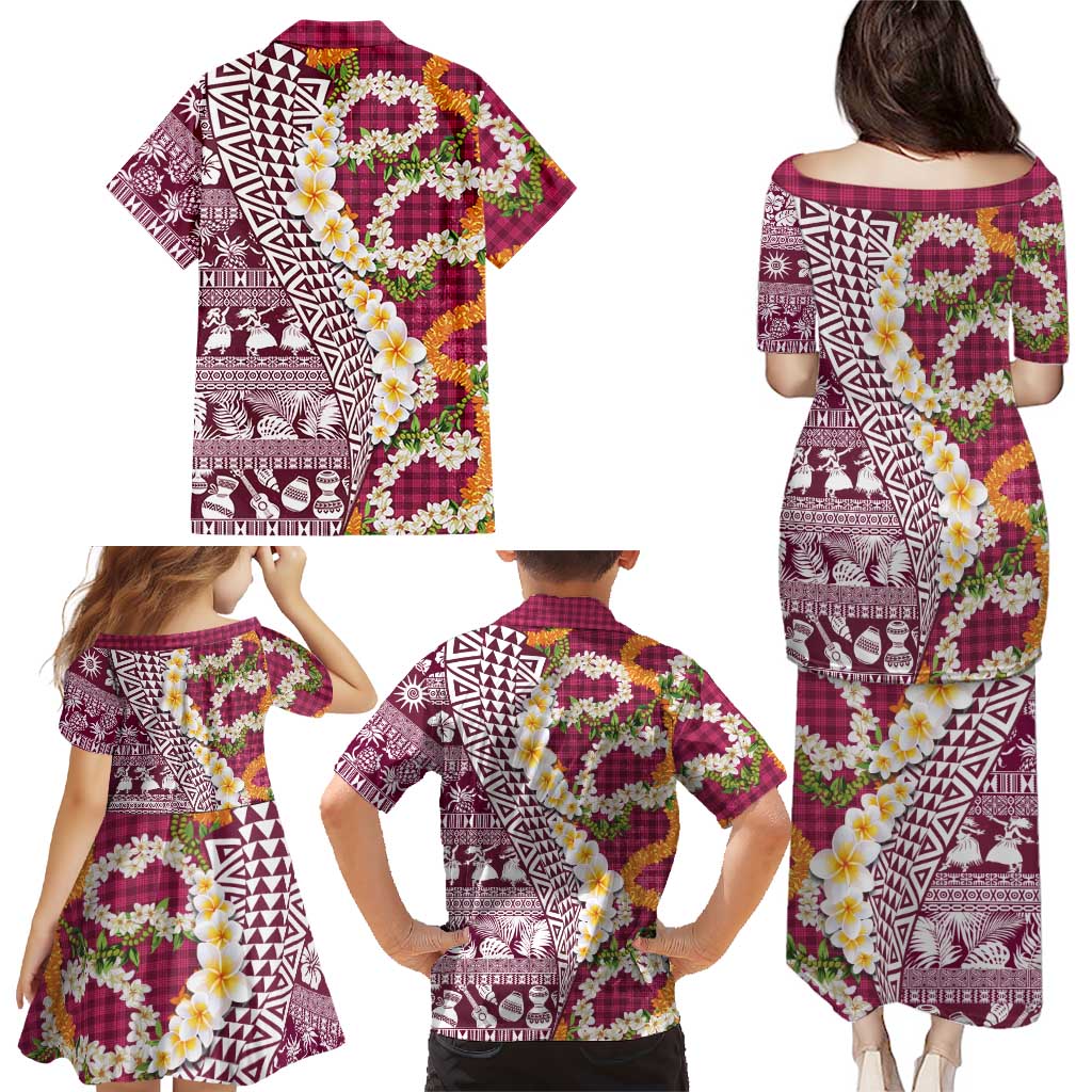 Hawaiian Plumeria Lei Family Matching Puletasi and Hawaiian Shirt Kakau Motifs and Palaka Half Style Pink Color - Polynesian Pride